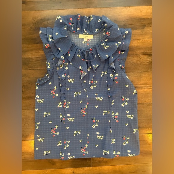 LOFT Tops - LOFT Smocked Ruffle Neck Sleeveless Floral Blouse – Size Small – Blue Fall Top